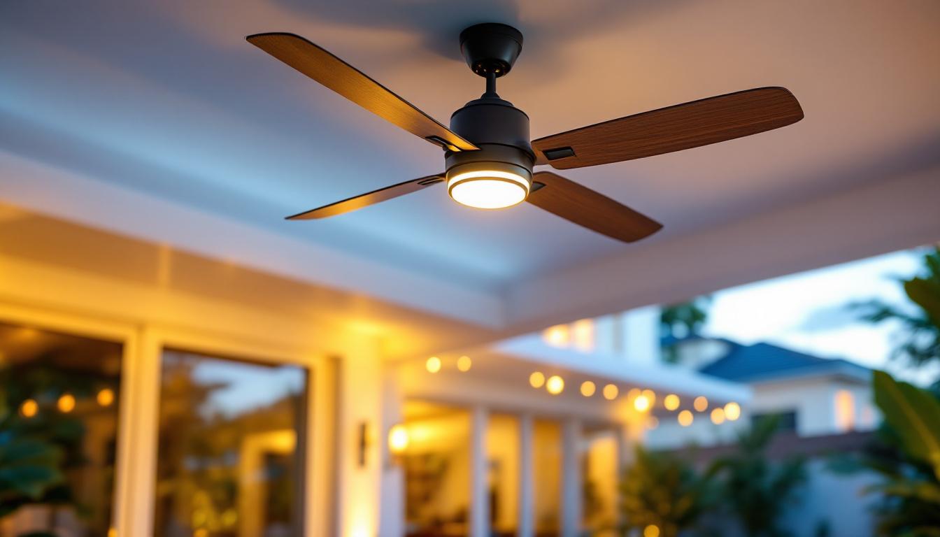 A photograph of a stylish outdoor ceiling fan installed in a beautifully designed patio or outdoor living space