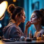 A photograph of capture a photograph of a well-lit makeup station featuring various professional lighting fixtures in use