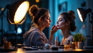 A photograph of capture a photograph of a well-lit makeup station featuring various professional lighting fixtures in use