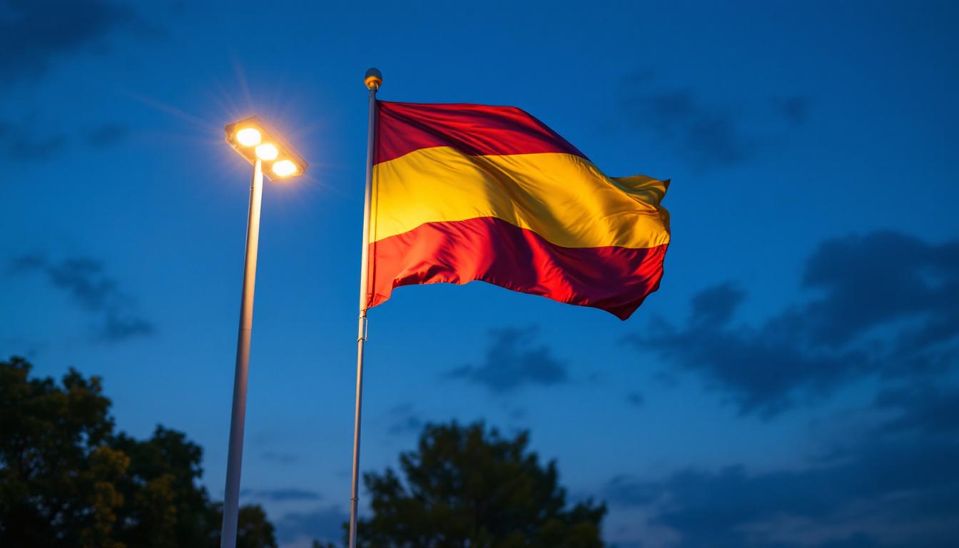 A photograph of a well-lit flagpole at dusk