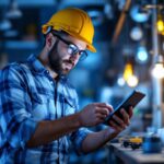 A photograph of a lighting contractor working diligently on a project