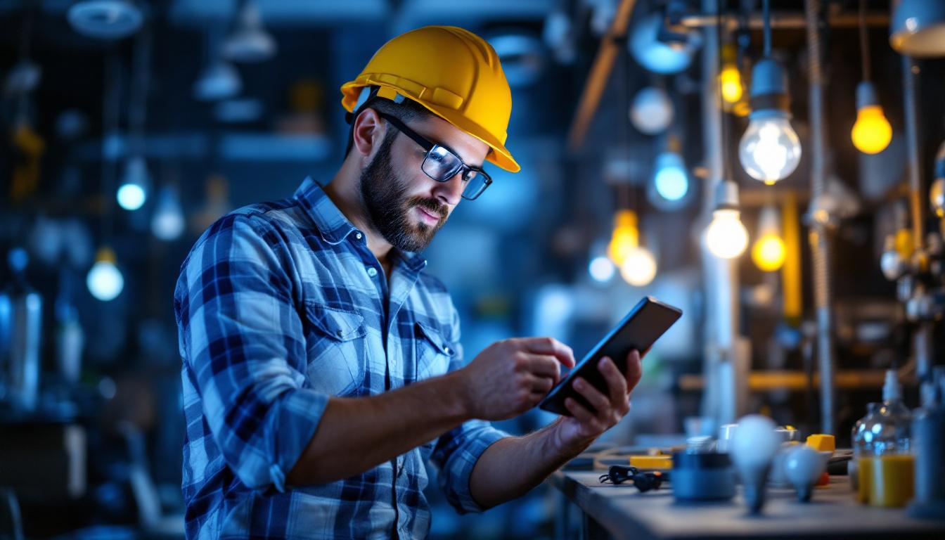A photograph of a lighting contractor working diligently on a project