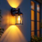 A photograph of a stylish outdoor wall sconce in a well-lit exterior setting