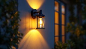A photograph of a stylish outdoor wall sconce in a well-lit exterior setting