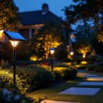 A photograph of a well-lit outdoor landscape showcasing solar panel landscape lighting in action