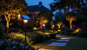 A photograph of a well-lit outdoor landscape showcasing solar panel landscape lighting in action