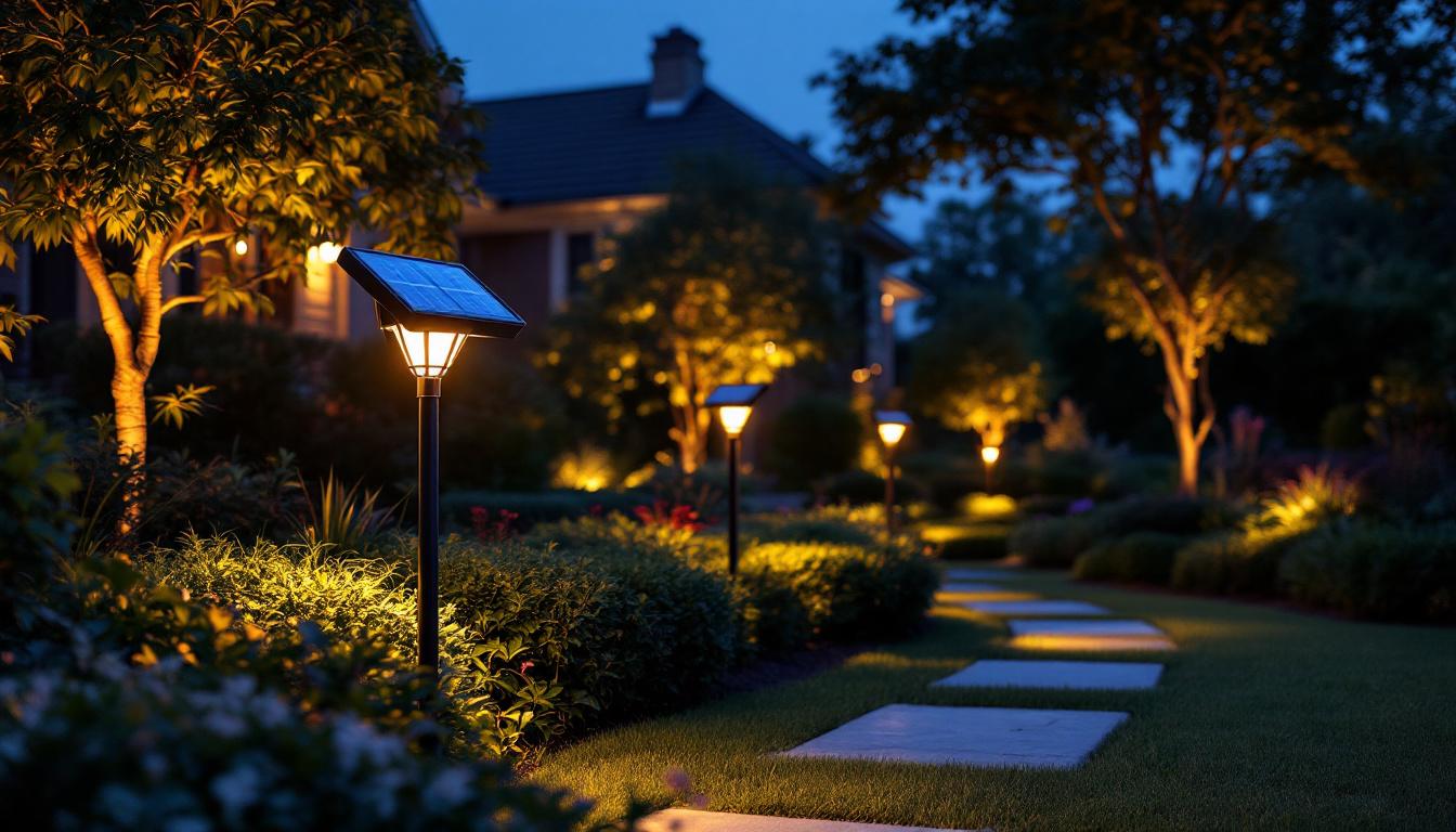 A photograph of a well-lit outdoor landscape showcasing solar panel landscape lighting in action