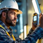 A photograph of a lighting contractor in action
