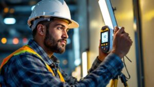 A photograph of a lighting contractor in action