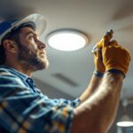 A photograph of a skilled lighting contractor installing recessed lights in a modern ceiling