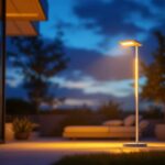 A photograph of a stylish floor solar lamp illuminating a modern outdoor space