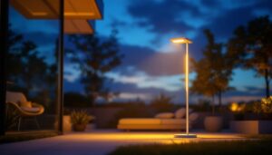 A photograph of a stylish floor solar lamp illuminating a modern outdoor space