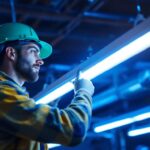 A photograph of a skilled lighting contractor expertly connecting fluorescent light fixtures