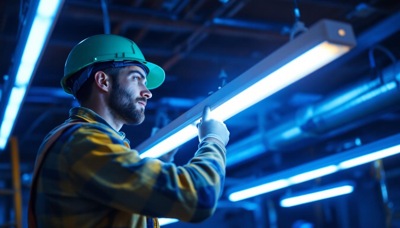 A photograph of a skilled lighting contractor expertly connecting fluorescent light fixtures