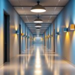A photograph of a well-lit long hallway featuring various lighting fixtures