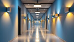 A photograph of a well-lit long hallway featuring various lighting fixtures