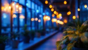 A photograph of a beautifully lit indoor or outdoor space featuring colored pot lights in various hues