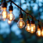 A photograph of a beautifully illuminated outdoor space featuring an array of hanging bulbs