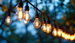 A photograph of a beautifully illuminated outdoor space featuring an array of hanging bulbs