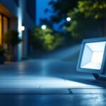 A photograph of a well-lit outdoor scene featuring a 150-watt led floodlight illuminating a commercial or residential space