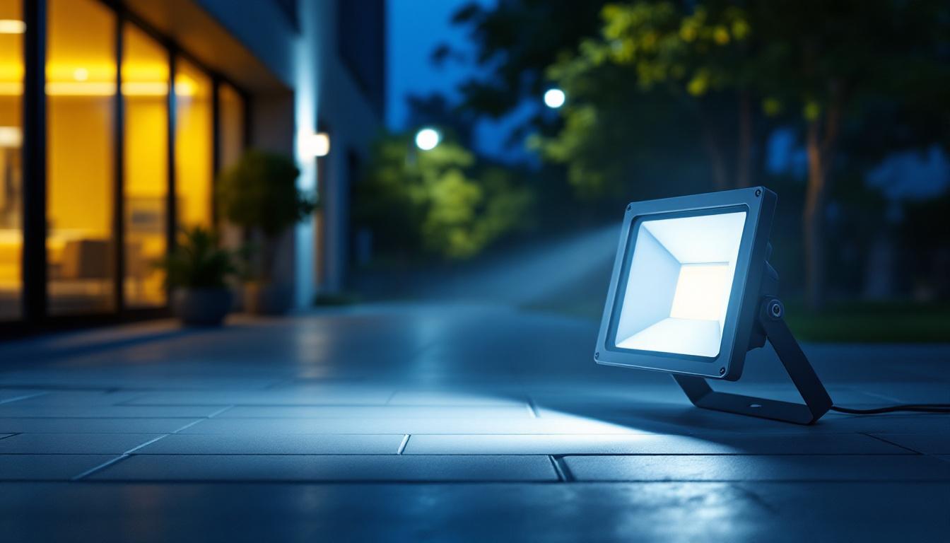 A photograph of a well-lit outdoor scene featuring a 150-watt led floodlight illuminating a commercial or residential space