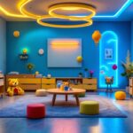 A photograph of a modern playroom illuminated by innovative lighting designs