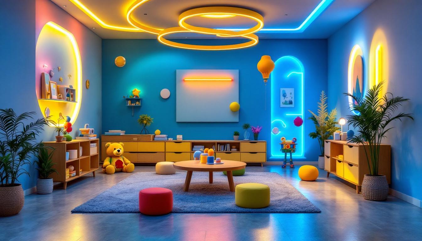 A photograph of a modern playroom illuminated by innovative lighting designs