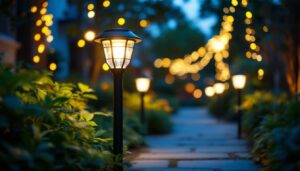 A photograph of capture a photograph of a well-lit outdoor setting featuring eveready solar lights installed in a garden or pathway