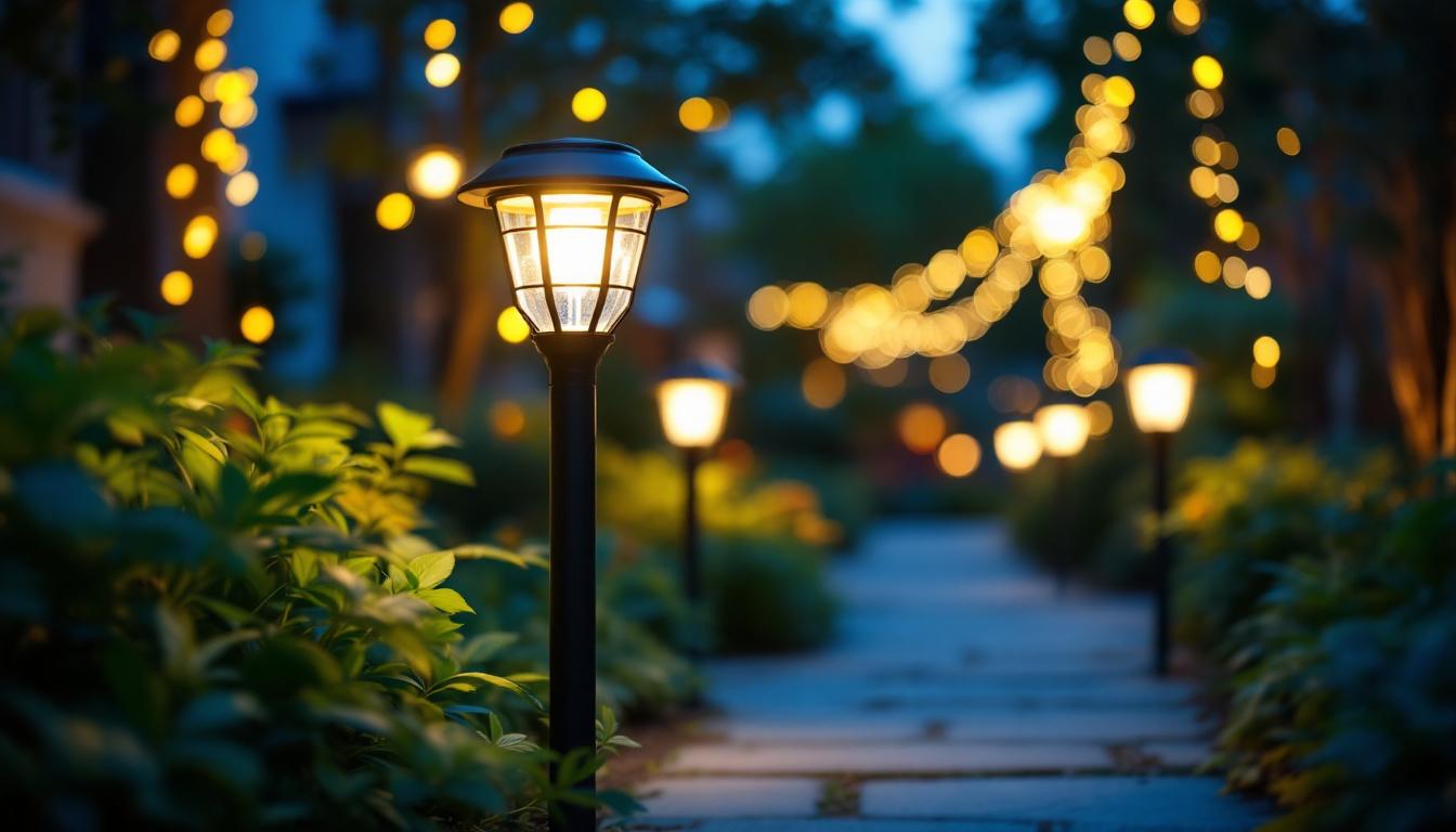 A photograph of capture a photograph of a well-lit outdoor setting featuring eveready solar lights installed in a garden or pathway
