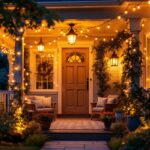 A photograph of a beautifully lit porch adorned with outdoor string lights