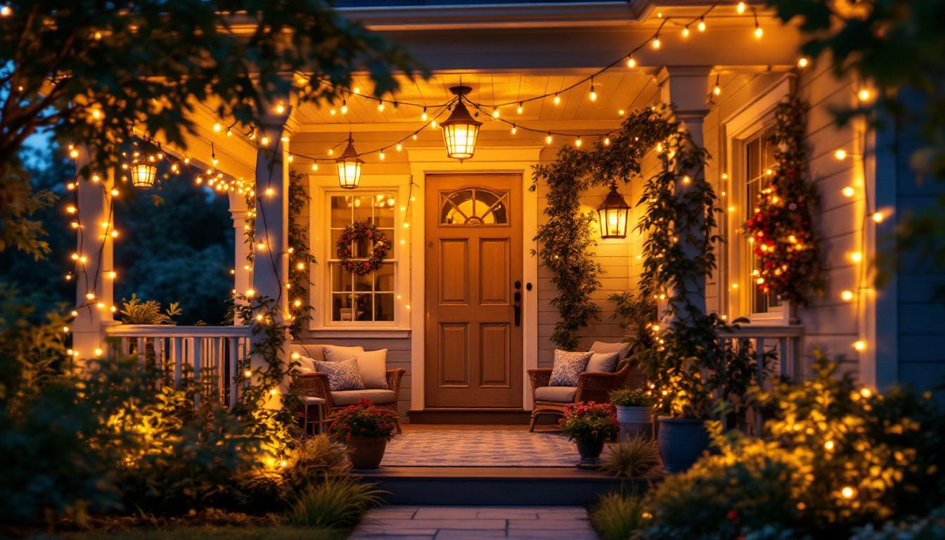 A photograph of a beautifully lit porch adorned with outdoor string lights