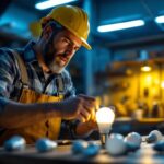 A photograph of a lighting contractor examining a selection of replacement bulbs for outdoor solar lights in a well-lit workshop