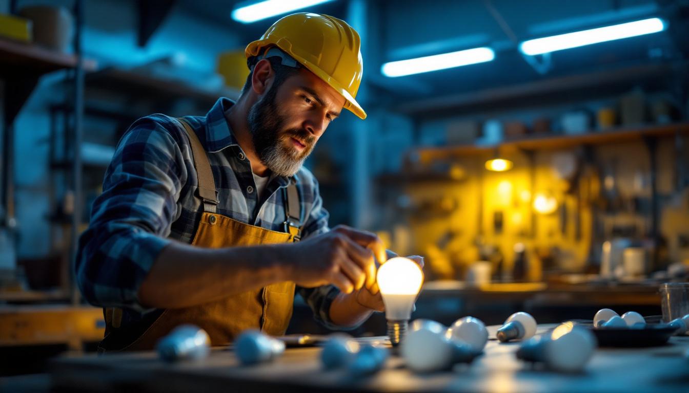 A photograph of a lighting contractor examining a selection of replacement bulbs for outdoor solar lights in a well-lit workshop