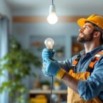 A photograph of a lighting contractor installing a 150-watt type a light bulb in a residential setting