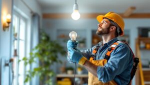 A photograph of a lighting contractor installing a 150-watt type a light bulb in a residential setting