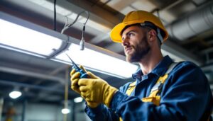 A photograph of a lighting contractor installing or inspecting fluorescent sockets in a well-lit commercial space
