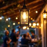 A photograph of a beautifully styled pendant porch lantern hanging in an inviting outdoor setting