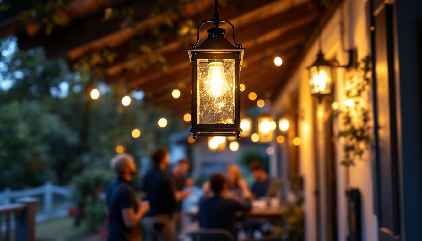 A photograph of a beautifully styled pendant porch lantern hanging in an inviting outdoor setting