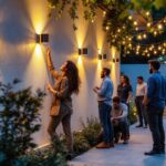 A photograph of a well-lit outdoor space featuring stylish led sconce lights