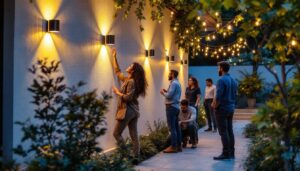 A photograph of a well-lit outdoor space featuring stylish led sconce lights
