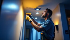 A photograph of a lighting contractor skillfully installing recessed lights in a modern home