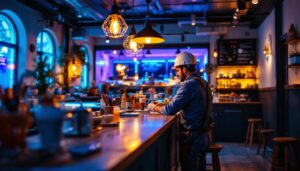 A photograph of a skilled lighting contractor at work