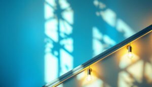 A photograph of a beautifully lit banister with stylish lighting fixtures