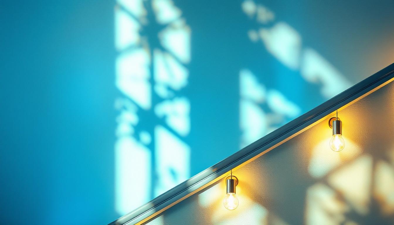 A photograph of a beautifully lit banister with stylish lighting fixtures
