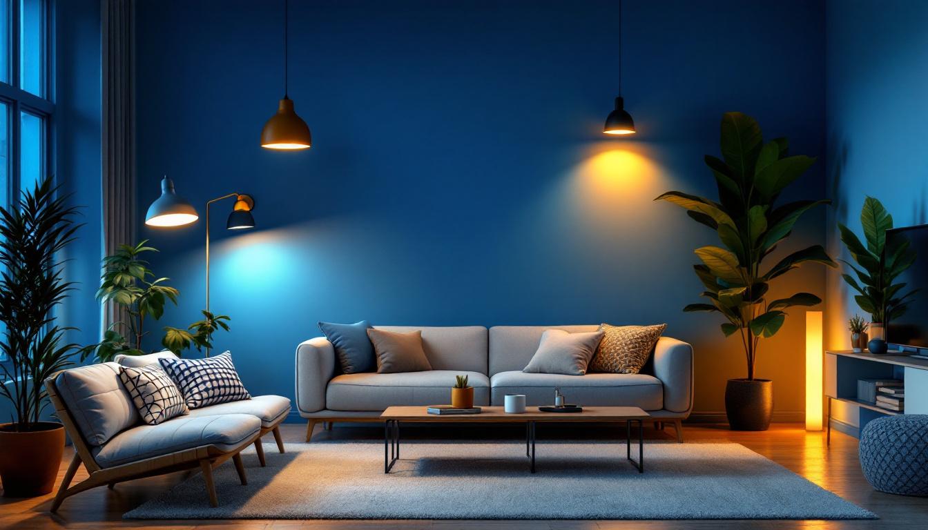 A photograph of a stylishly designed room featuring various outlet gray fixtures and lighting solutions that create a warm