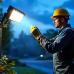 A photograph of a skilled lighting contractor installing a high-quality outdoor led floodlight in a beautifully landscaped area during dusk
