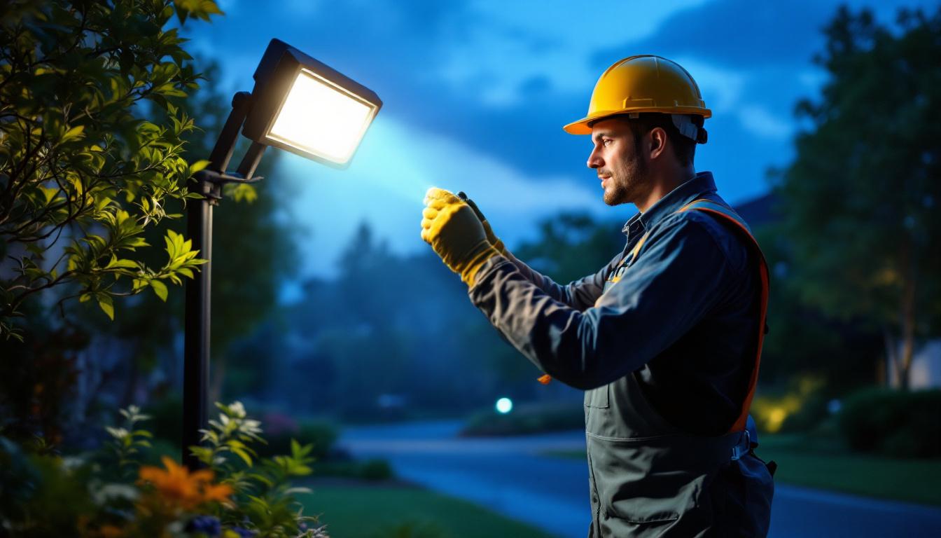 A photograph of a skilled lighting contractor installing a high-quality outdoor led floodlight in a beautifully landscaped area during dusk