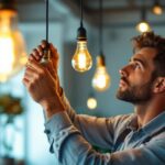 A photograph of a skilled lighting contractor expertly installing hanging bulbs in a stylish indoor setting