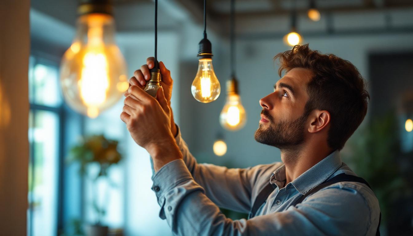 A photograph of a skilled lighting contractor expertly installing hanging bulbs in a stylish indoor setting