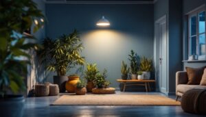 A photograph of a well-lit interior space showcasing stylish solar-powered lights in use